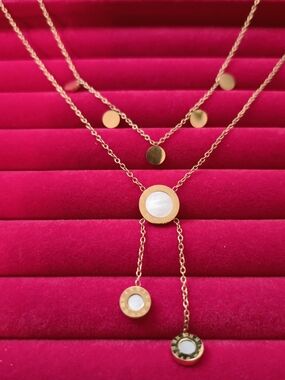 18K Gold Plated Double Layer Necklace w/ Discs Charms Trendy Jewelry B003